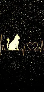 Golden cat silhouette with heartbeat on black wallpaper.