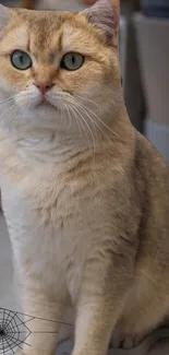 Golden cat with green eyes sitting gracefully.