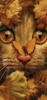 Cat with butterfly on nose surrounded by golden flowers.