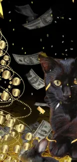 Black cat with gold ornaments and dollar bills wallpaper.