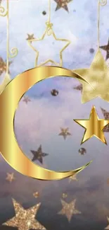 Gold crescent moon and stars wallpaper in celestial theme.