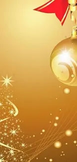 Golden Christmas wallpaper with ornament and tree.