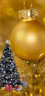 Golden ornament with festive Christmas tree and gifts.