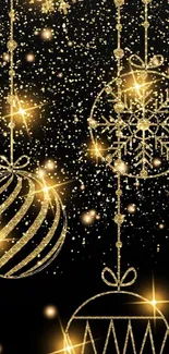 Elegant golden Christmas ornaments on dark background.