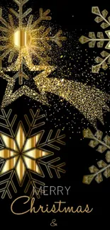 Elegant gold and black Christmas wallpaper with snowflakes and star design.