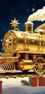Golden holiday train with gifts and snow