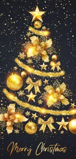 Golden Christmas tree with ornaments on a dark background.