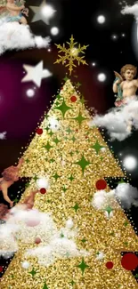 Golden Christmas tree with angels and stars, perfect for festive wallpapers.