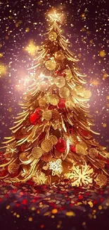 Golden Christmas tree with stars and festive decorations, perfect for holiday wallpaper.