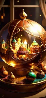 Golden globe with imaginative cityscape glowing elegantly.