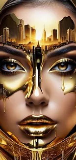 Golden face art with cityscape design blending futuristic and urban elements.