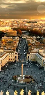 A stunning golden cityscape viewed from above at sunset, showcasing urban beauty.