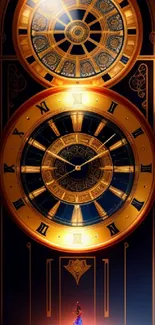 Golden fantasy clock mobile wallpaper with vibrant design.