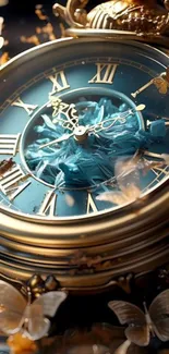 Close-up of a vintage gold clock with butterflies in a serene design.