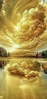 Golden clouds reflecting over a tranquil lake.