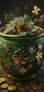 Golden pot with clovers and coins mobile wallpaper.