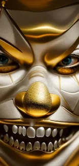 Intricate golden clown face art with bold design and expressive features.