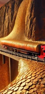 A truck crossing a bridge with a waterfall of golden coins.