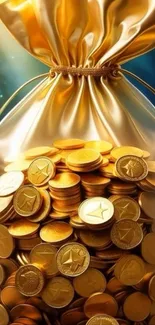 Golden bag filled with shiny coins