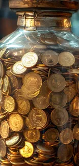 Jar full of shimmering gold coins, symbolizing wealth.