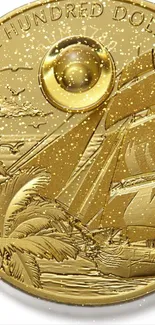 Intricate golden coin with a sailing ship design on a mobile wallpaper.