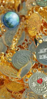 Golden coins with intricate patterns and a small Earth globe.