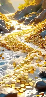 A stunning stream filled with golden coins shimmering in sunlight.