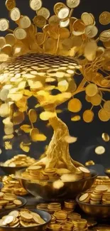 Golden tree composed of coins cascading elegantly.