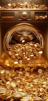 Golden washing machine overflowing with coins