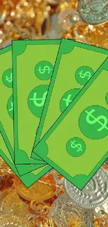 A vibrant wallpaper with green dollar bills and golden coins.