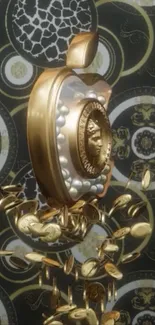 Golden coins spill from ornate emblem on patterned background.