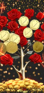 Mobile wallpaper with golden coins and red roses on a black background.