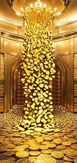Golden coins cascade in a luxurious vault.