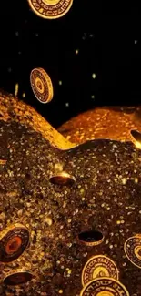 Golden coins cascading on a dark, textured background.