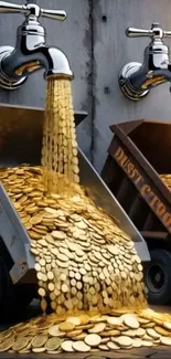 Golden coins flowing from faucets into dumpsters.