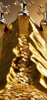 Golden coins flow from faucets in a fantasy art mobile wallpaper.