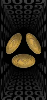 Golden coins floating in a 3D black tunnel.