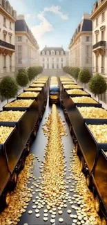 Trucks filled with gold coins on a city street.