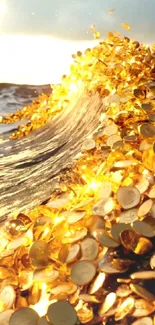 Wave of golden coins flowing in the ocean, symbolizing luxury and wealth.