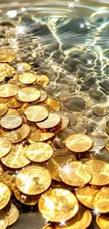 Glistening gold coins in clear water with sparkling reflections.