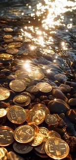 Golden coins shimmer in water with sunlight.