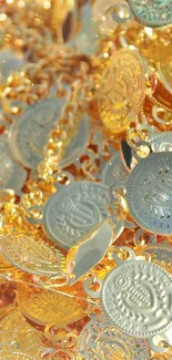 Close-up of intricately designed golden coins creating a luxurious mobile wallpaper.