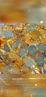 Mobile wallpaper with shimmering golden coins in a luxurious and rich design.