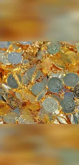 Golden coins and chains mobile wallpaper with gold and silver hues.