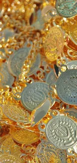 Pile of shiny gold coins creating an opulent mobile wallpaper.