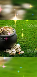 Pot of gold coins with sparkling stars on green grass field.