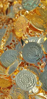 Close-up of shiny gold and silver coins pattern.