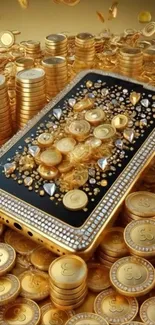 Luxurious phone wallpaper with golden coins and gems.