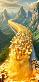 Golden coins creating a path through towering mountains.