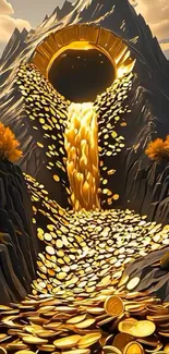 Fantasy golden coins waterfall flowing from a mountain.